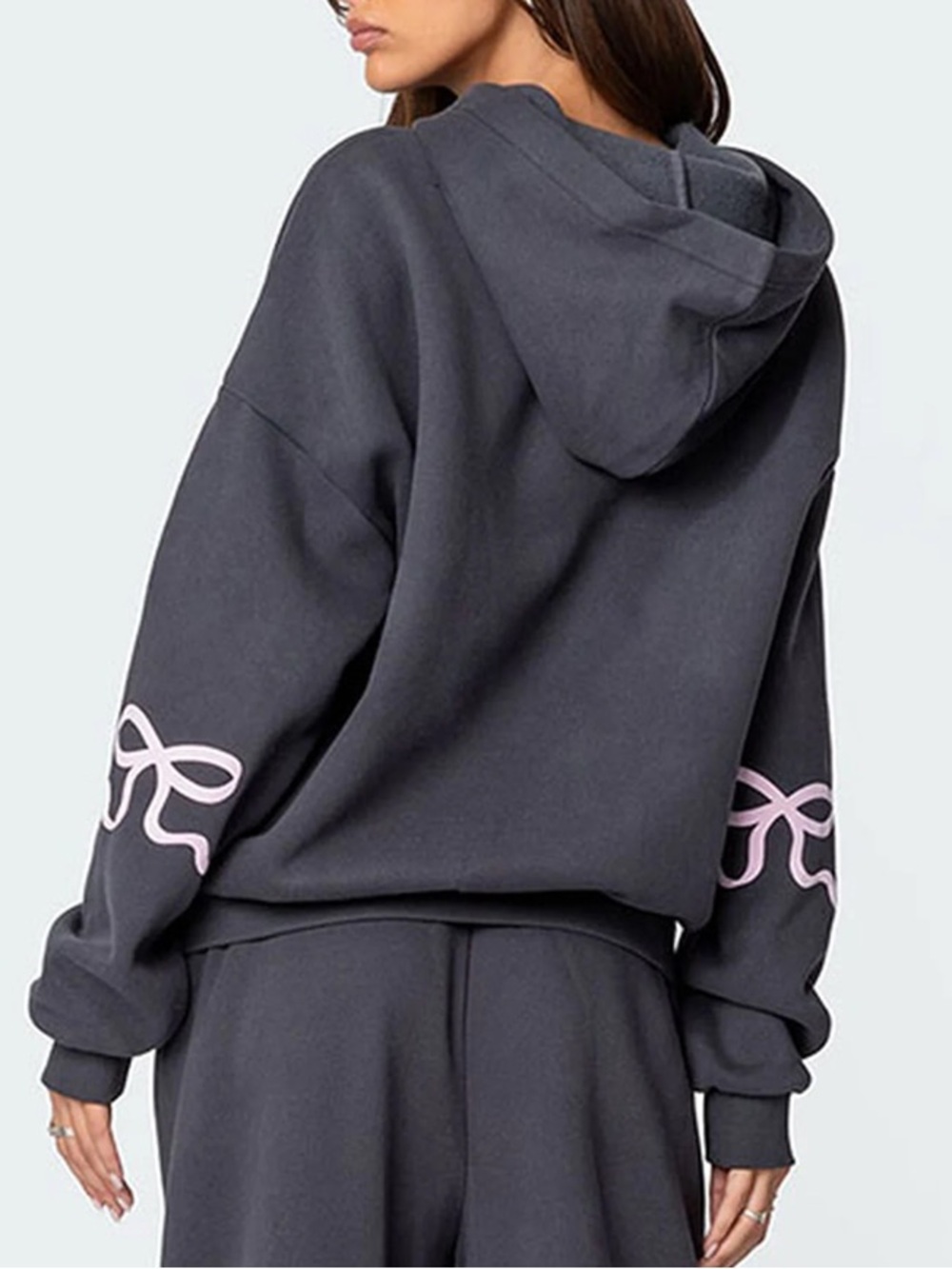 Edikted Bonney Bow Gray Pink Oversize Cozy Coquette Long Sleeve Hoodie Size S - Picture 2 of 9